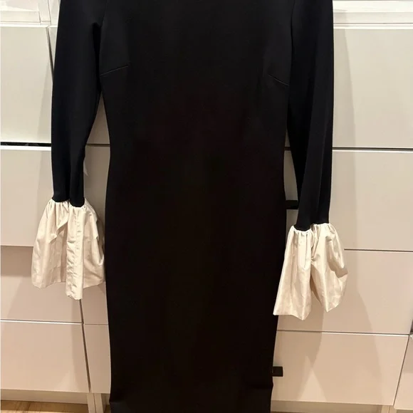 STAUD Black Long-Sleeve Dress with White Ruffle Cuffs - Picture 3 of 4